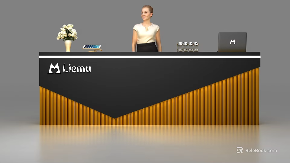 Modern Liemu Reception Desk With Black Gold Design Flower Vase Tablet And Laptop 3d model 