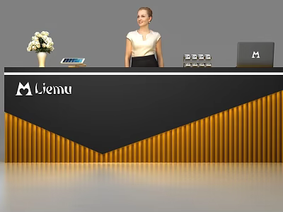 Modern Liemu Reception Desk With Black Gold Design Flower Vase Tablet And Laptop 3d model
