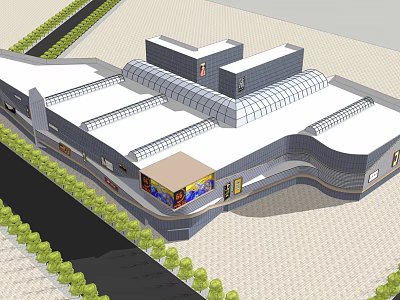 Modern Commercial Building Exterior With Curved Roof Glass Facade And Green Landscaping 3d model