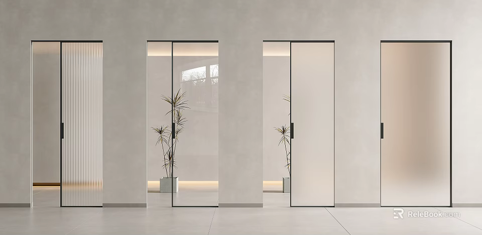 Sleek Modern Interior Sliding Glass Doors With Natural Light And Potted Plants 3d model 