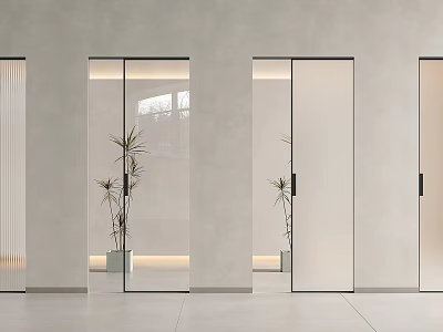 Sleek Modern Interior Sliding Glass Doors With Natural Light And Potted Plants 3d model