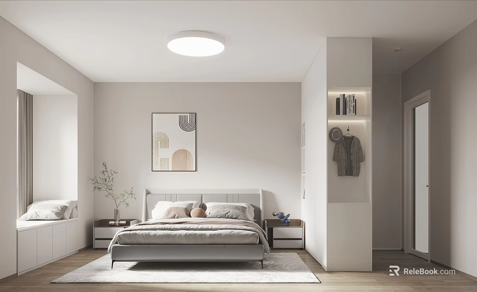 Modern Minimalist Bedroom Interior With Cozy Bed Nightstands Artwork Ceiling Light And Rug 3d model 