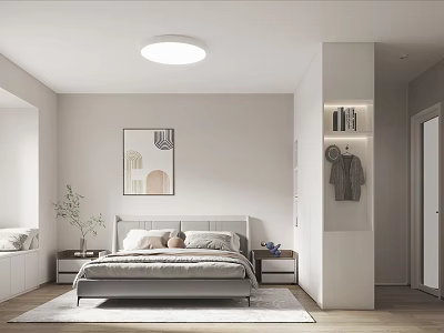 Modern Minimalist Bedroom Interior With Cozy Bed Nightstands Artwork Ceiling Light And Rug 3d model