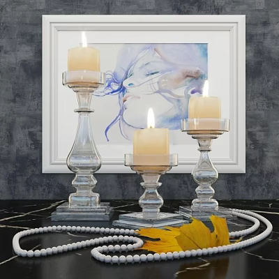 Elegant Glass Candle Holders With Lit Candles Artwork Background And Decorative Pearl Necklace 3d model