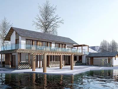 Modern Rural Self built House With Wooden Structure Glass Railings And Waterfront Veranda 3d model