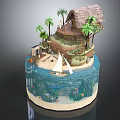 Vibrant Cartoon Tropical Island Scene With Thatched Hut Palm Trees Sailboat And Underwater Coral Fish