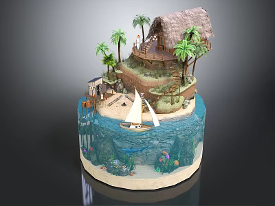 Vibrant Cartoon Tropical Island Scene With Thatched Hut Palm Trees Sailboat And Underwater Coral Fish 3d model