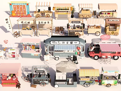 Various Mobile Food Trucks Serving Coffee Ice Cream and Assorted Snacks 3d model