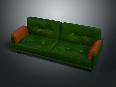 Green Leather Multi Seater Sofa With Orange Armrests And Tufted Design 3d model