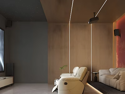 Modern Home Theater Interior With Starry Ceiling Wooden Walls Projector And Comfortable Sofa 3d model