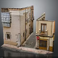 Miniature Old Town Building Model With Narrow Alleyway Red Stop Sign And Balconies