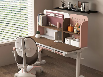Adjustable Pink White Kids Study Desk with Bookshelf Storage and Cozy Chair 3d model