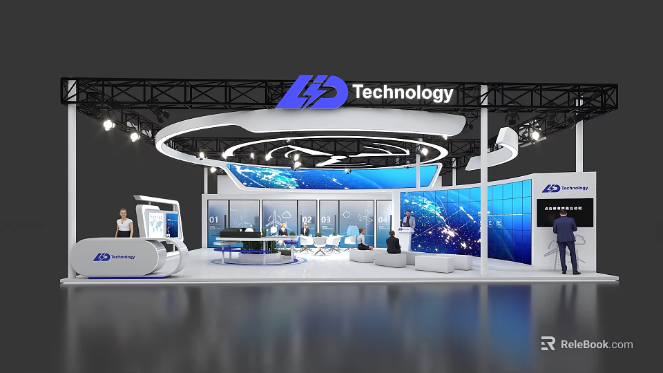 HD Technology Exhibition Booth Modern Design With Blue Screens Lighting And Interior Setup 3d model