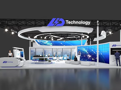 HD Technology Exhibition Booth Modern Design With Blue Screens Lighting And Interior Setup 3d model