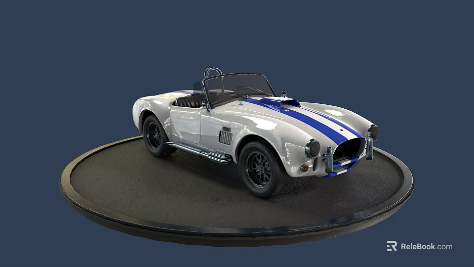 White Convertible Sports Car With Blue Racing Stripes On Black Circular Display Platform 3d model 