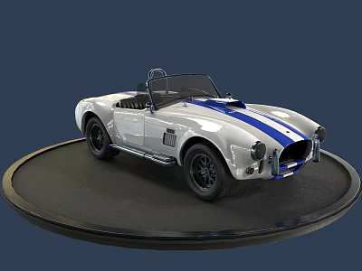 White Convertible Sports Car With Blue Racing Stripes On Black Circular Display Platform 3d model