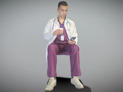 Man Sitting In Chair Wearing White Doctor Coat And Purple Scrubs Holding Stethoscope And Smartphone 3d model