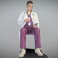 Man Sitting In Chair Wearing White Doctor Coat And Purple Scrubs Holding Stethoscope And Smartphone
