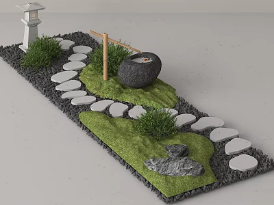 Natural Stepping Stones Garden Path With Green Grass Stone Basin And Lantern 3d model