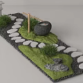 Natural Stepping Stones Garden Path With Green Grass Stone Basin And Lantern