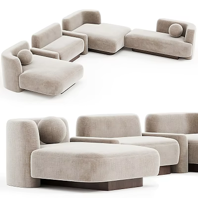 Modern Sectional Multi Person Sofa With Upholstered Fabric Round Pillows And Ottoman 3d model