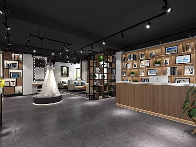 Modern Bridal Shop Interior With Wedding Dress Display Picture Frames Green Plants And Sofa 3d model