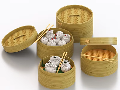 Traditional Bamboo Steamers With Steamed Dumplings 3d model