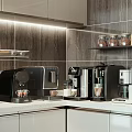 Modern Kitchen Interior Design With Various Countertop Coffee Machines And Appliances