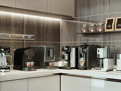 Modern Kitchen Interior Design With Various Countertop Coffee Machines And Appliances 3d model
