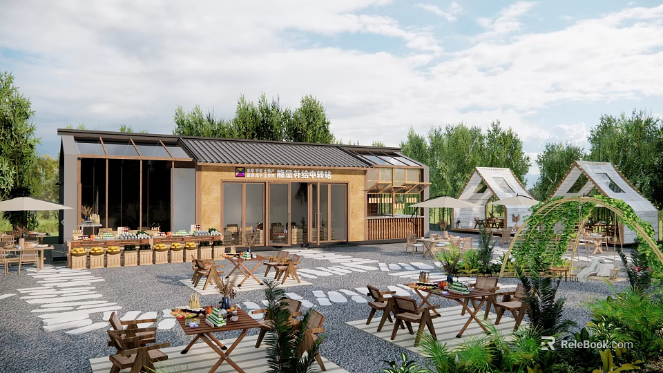 Scenic Park Landscape With Outdoor Dining Area Wooden Tables And Greenery 3d model 