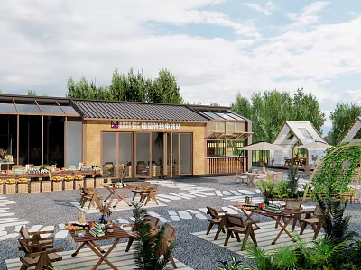 Scenic Park Landscape With Outdoor Dining Area Wooden Tables And Greenery 3d model
