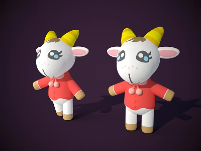Cute Cartoon Lamb Toys With Yellow Horns Red Clothes And White Bodies Standing 3d model