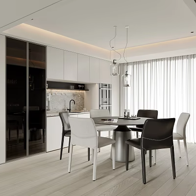 Modern Restaurant Interior Design With Dining Table Chairs Pendant Lights And Cabinets 3d model