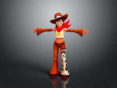 Cartoon Cowboy Character With Cow Patterned Pants Red Scarf And Outstretched Arms 3d model