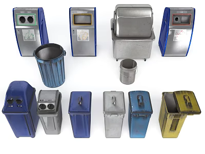 Blue Gray Yellow Waste Management Equipment Including Trash Bins And Recycling Containers 3d model