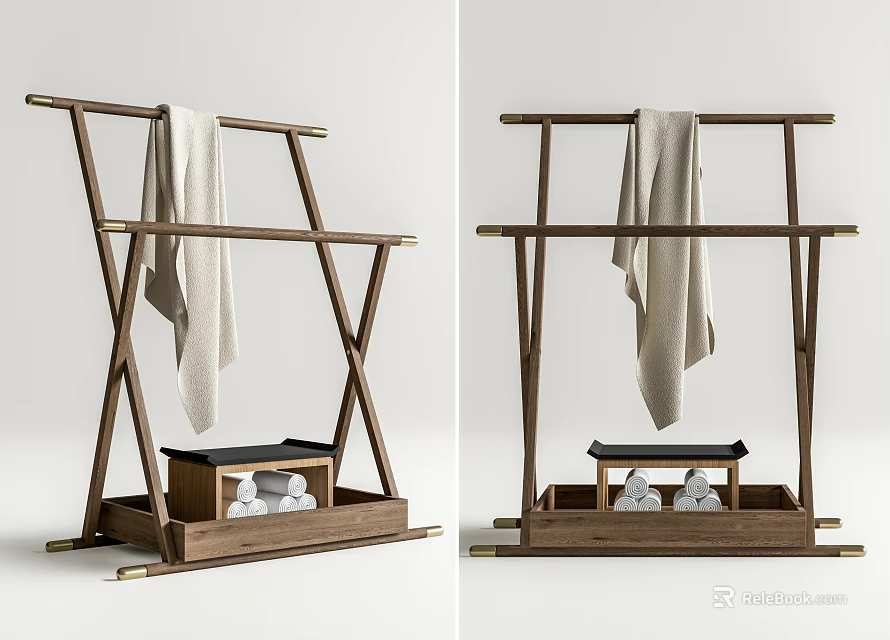 Natural Wooden Clothing Rack With X Shaped Frame Bottom Tray Decorative Stones And Light Towel 3d model 