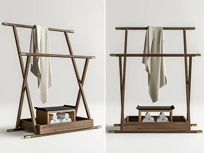 Natural Wooden Clothing Rack With X Shaped Frame Bottom Tray Decorative Stones And Light Towel 3d model
