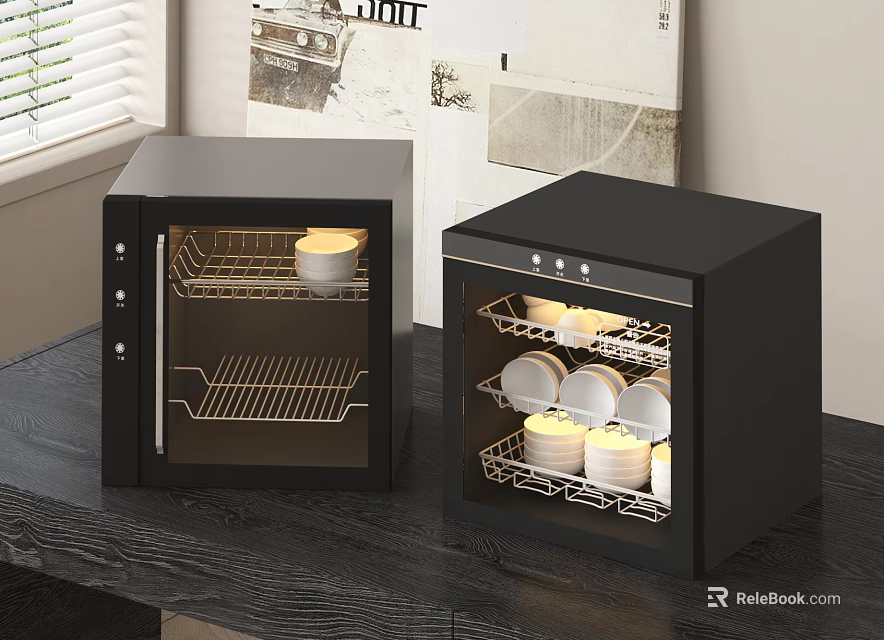 Black Mini Kitchen Appliance Sterilizers With Dishes Cups And LED Lighting On Countertop 3d model 
