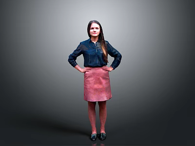 Woman In Blue Shirt And Pink Skirt Standing With Hands On Hips Against Gray Background 3d model