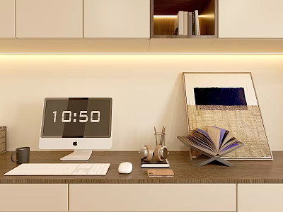 Decorative Ornament Set For Desk With Computer Open Book Picture Frame And Headphones 3d model