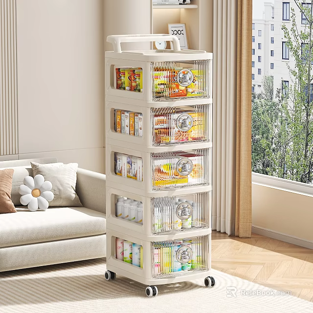 White Modern Living Room Storage Cabinet With Multiple Layers And Transparent Drawers Storing Food Items 3d model 