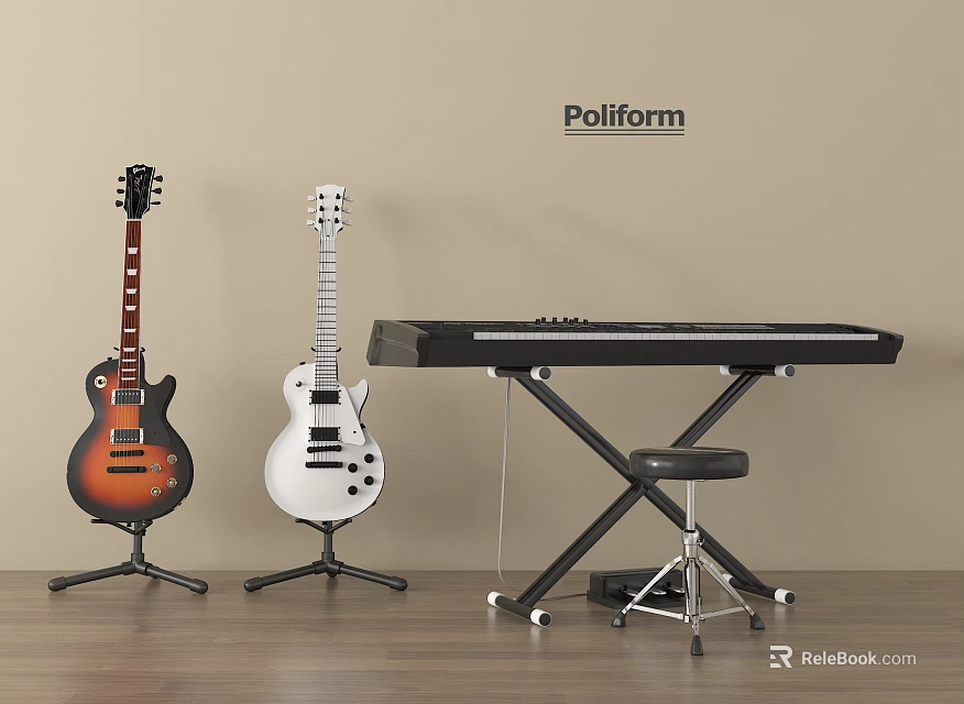 Electric Guitars And Digital Piano With Stands Stool On Wooden Floor Poliform Wall 3d model 
