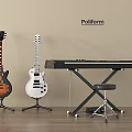 Electric Guitars And Digital Piano With Stands Stool On Wooden Floor Poliform Wall