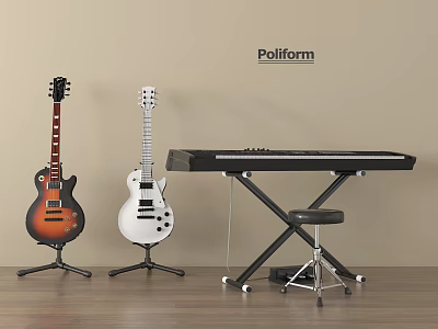 Electric Guitars And Digital Piano With Stands Stool On Wooden Floor Poliform Wall 3d model