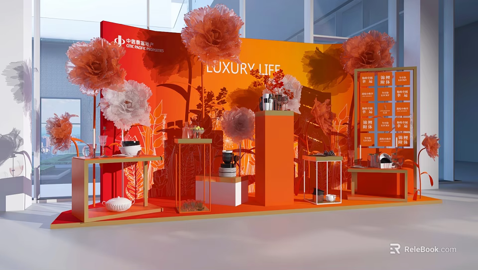 Luxury Life Themed Display With Red Backdrop And Orange White Decorative Flowers 3d model 