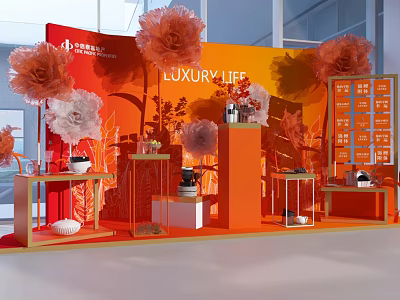 Luxury Life Themed Display With Red Backdrop And Orange White Decorative Flowers 3d model