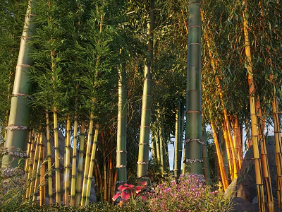 Lush Tall Bamboo Arbor Featuring Green Leaves Yellow Green Stems And Red Pink Flowers 3d model