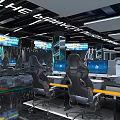 Modern Cyber Cafe Interior With Multiple Screens Computers And Bar Counter 3d model