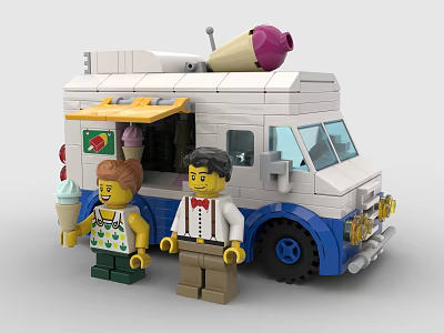 Building Blocks Ice Cream Truck Model with Two Figures Holding Ice Cream Cone 3d model