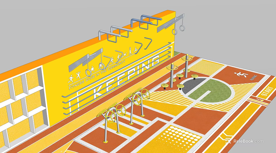Outdoor Sports Equipment on Yellow Wall with Horizontal Bars Parallel Bars and Activity Ground Area 3d model 